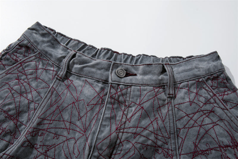 Wide-Leg Denim Shorts with All-Over Graffiti Embroidery – Punk Washed Grey