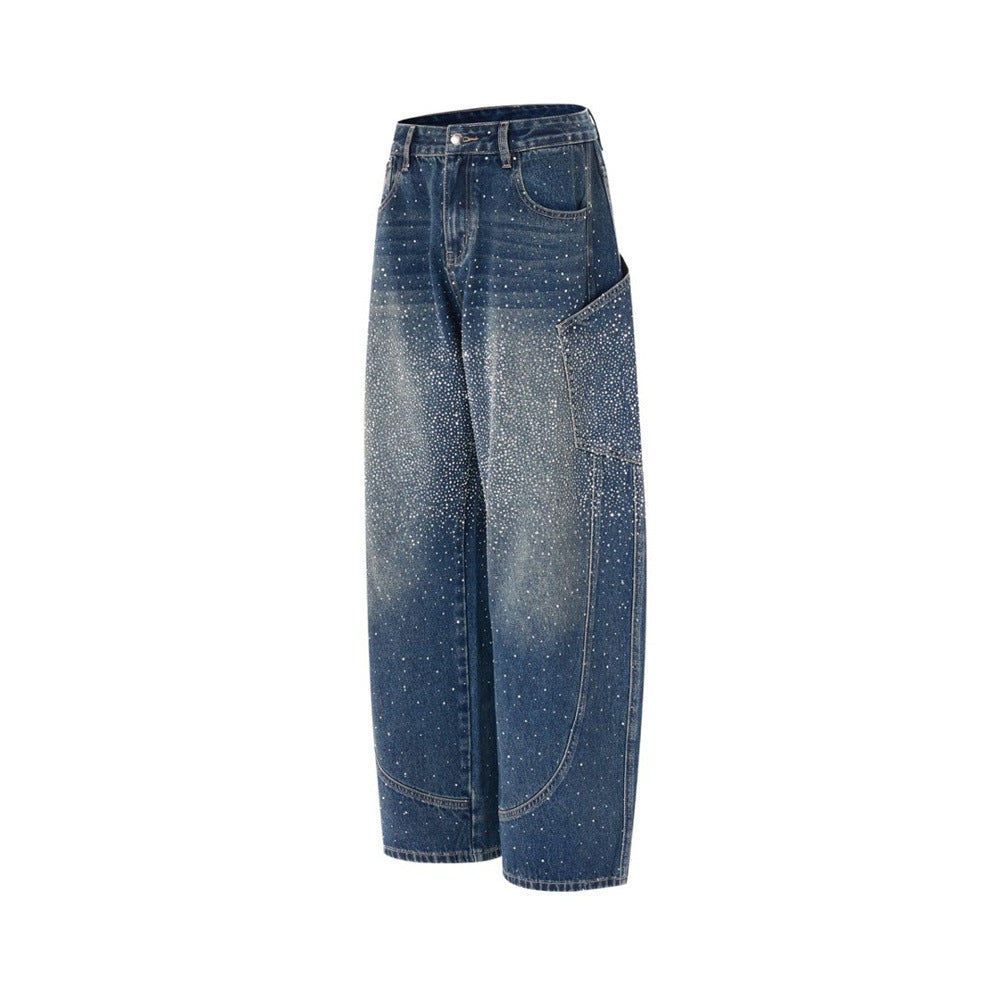 Rhinestone Wide-Leg Jeans – Men's Distressed Denim with Large Cargo Pockets &