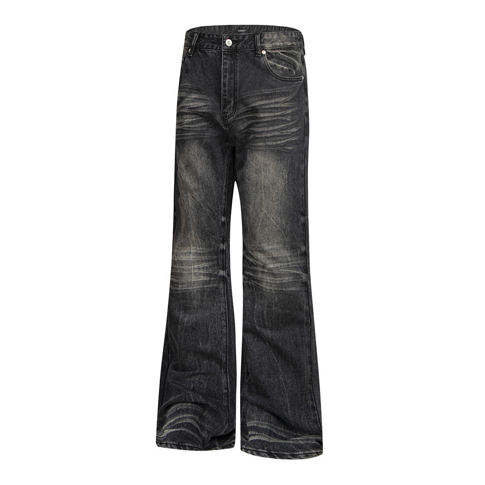 Vaqueros flare negros lavados para hombre – Denim de pierna ancha desgastado con detalle de bigotes