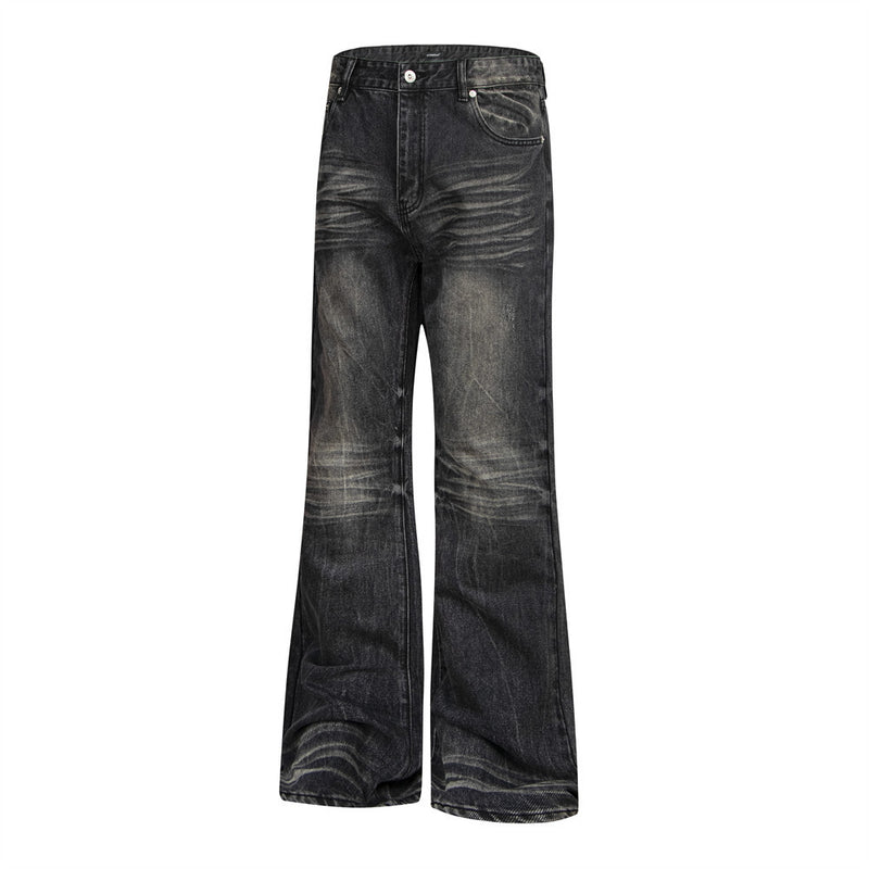 Vaqueros flare negros lavados para hombre – Denim de pierna ancha desgastado con detalle de bigotes