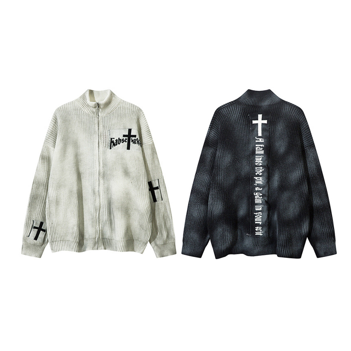Veste-pull zippée en maille jacquard croix gothique – Col montant médiéval sombre