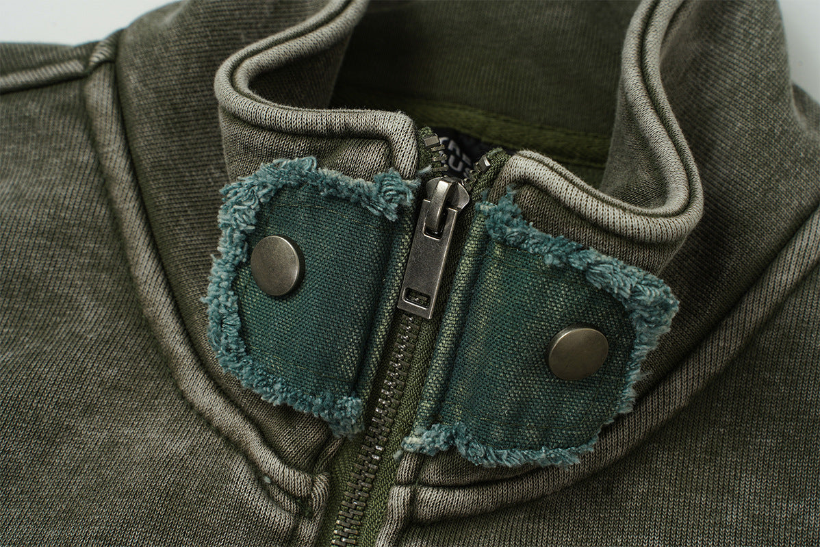 Vintage Washed Fleece-Lined Bomber Jacket – Boxy Fit Men's Zip-Up Outerwear