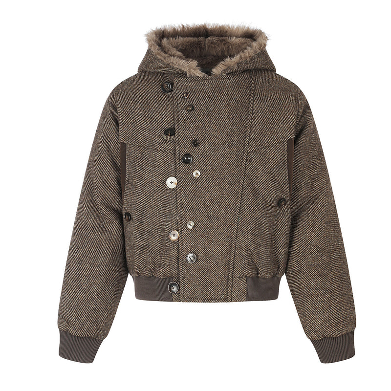 Hooded Bomber Jacket with Faux Fur Trim & Double-Button Front