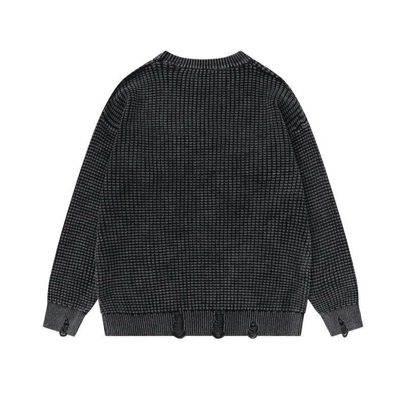 Men's Washed Distressed Waffle Knit Sweater with Graphic Lettering