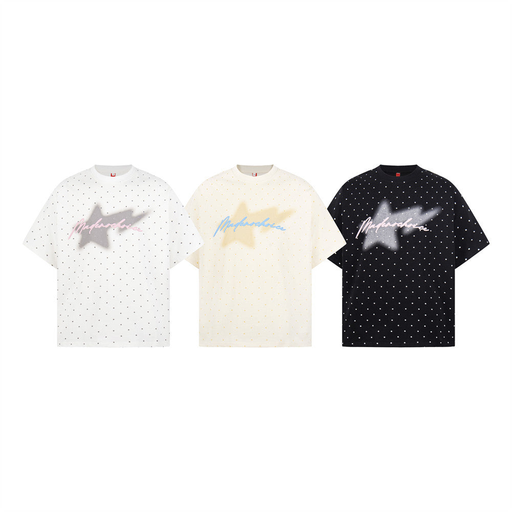 Polka Dot Star Graphic Oversized T-Shirt | Streetwear Crew Neck Tee
