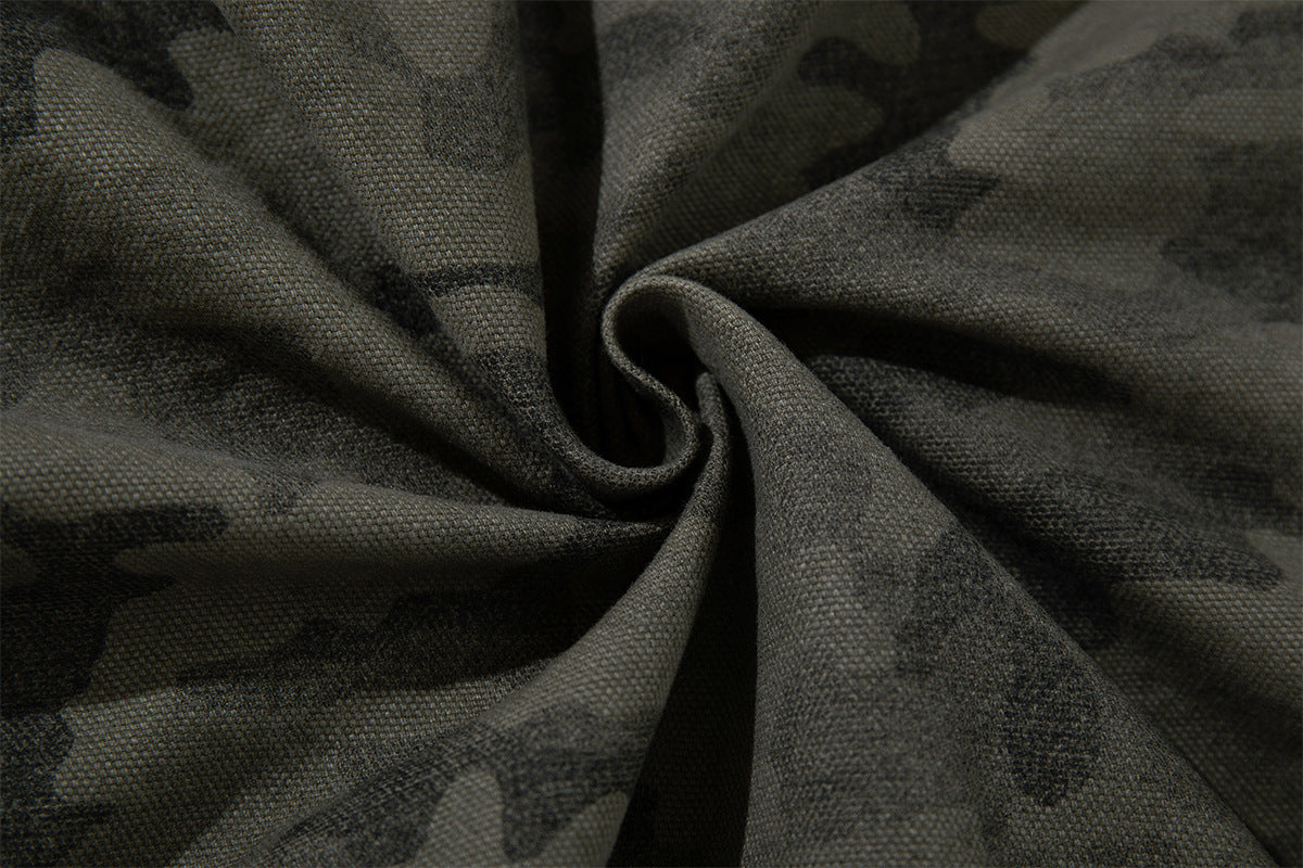 Camo Sherpa-Lined Hooded Bomber Jacket with Studded Hood