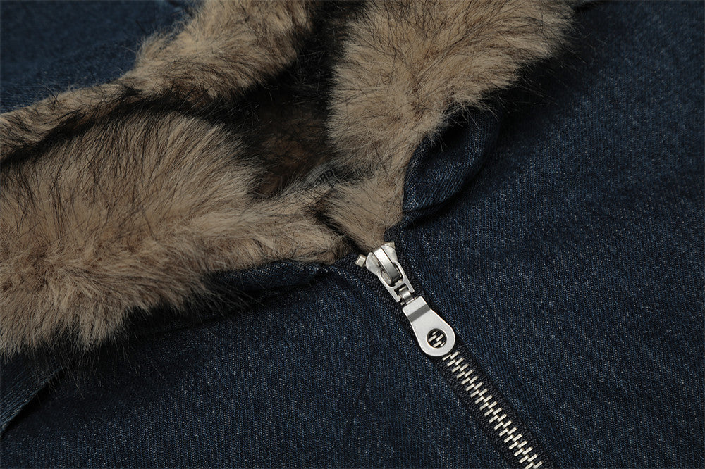 Fur-Trim Hooded Denim Bomber Jacket – Padded Winter Coat