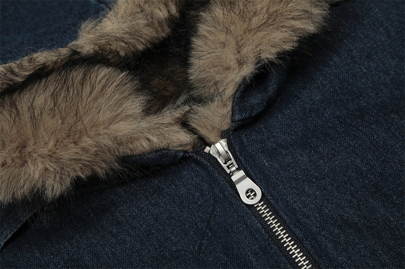 Fur-Trim Hooded Denim Bomber Jacket – Padded Winter Coat