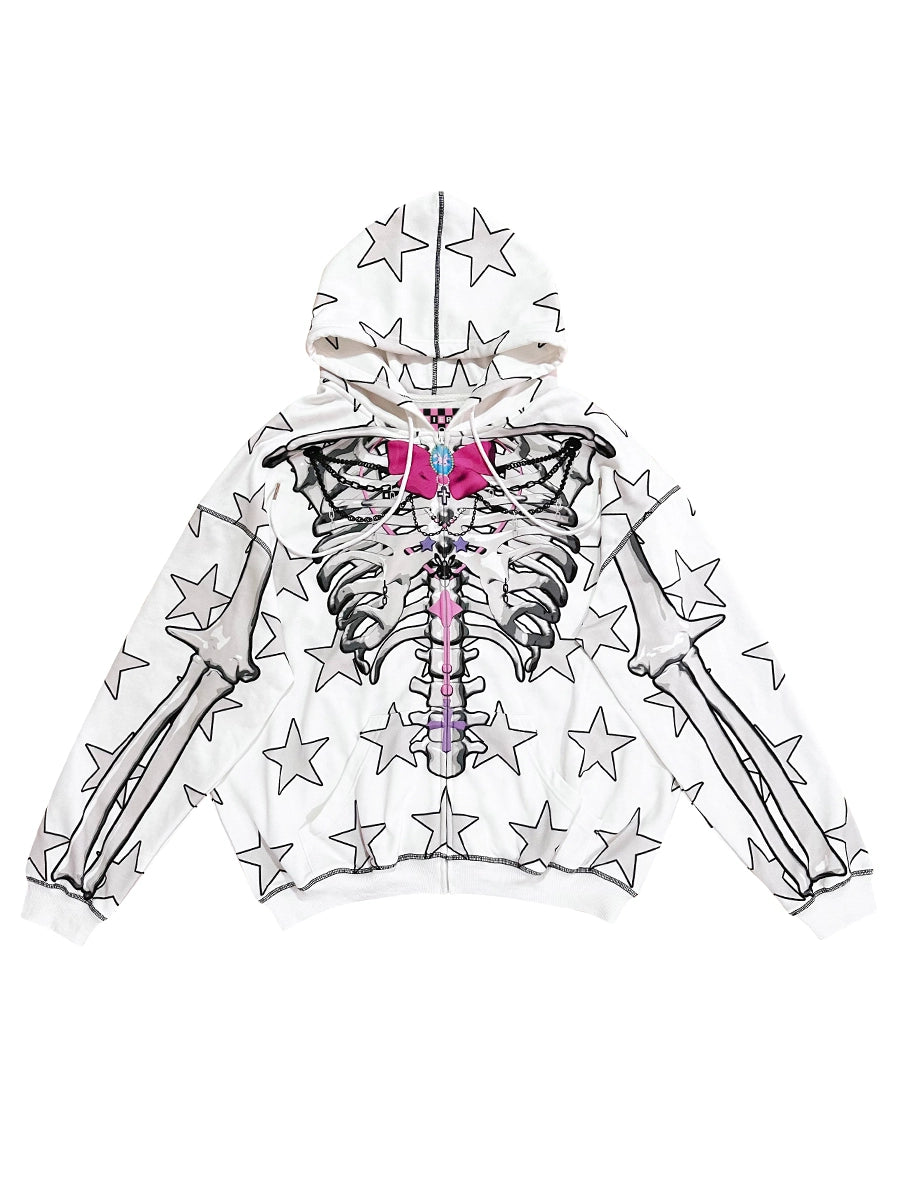 Gothic Skeleton Star Hoodie – Full-Zip Hoodie with Skeleton Print and Star Pattern