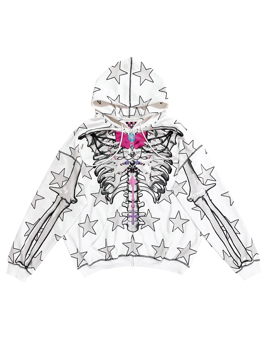 Seakoff's Gothic Skeleton Star Hoodie features a white design with a black skeleton print, large black stars, and a striking pink bow on the chest, epitomizing alternative fashion.