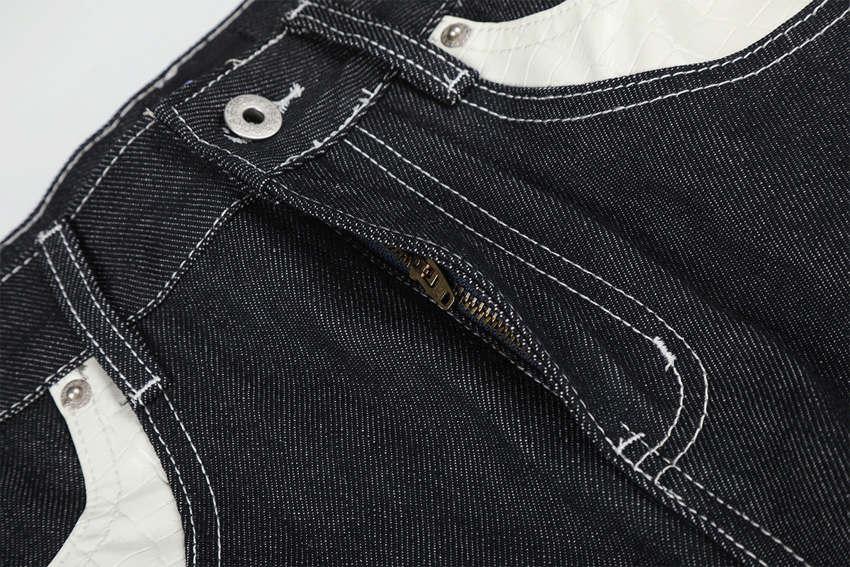 Jean baggy à jambes larges avec broderies et patch en cuir motif notes de musique — Denim noir brut
