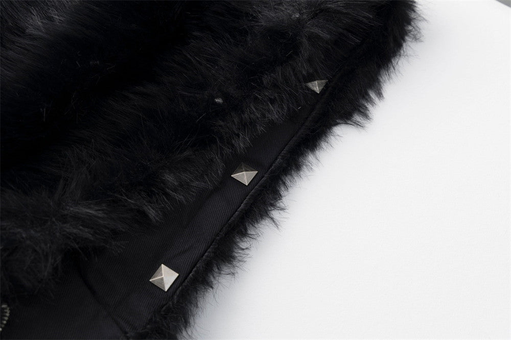 Black Faux Fur Hooded Bomber Jacket with White Cross Patch