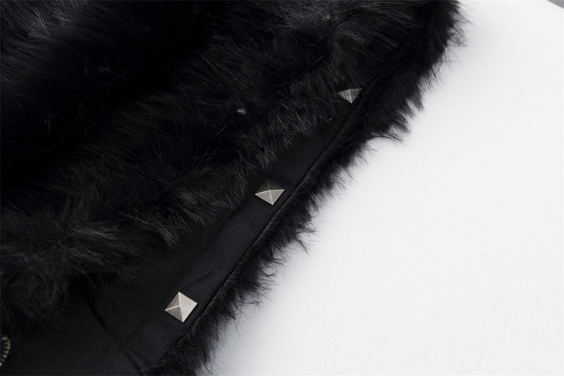 Black Faux Fur Hooded Bomber Jacket with White Cross Patch