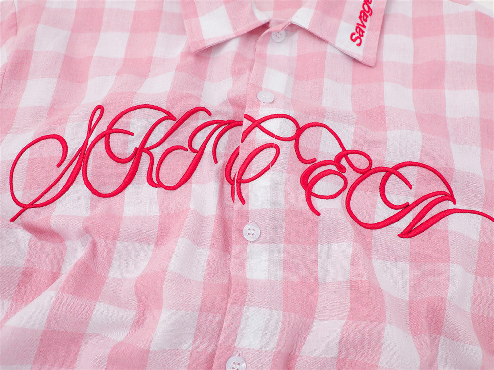 Oversized Gingham Check Short Sleeve Shirt with Embroidered Script Logo
