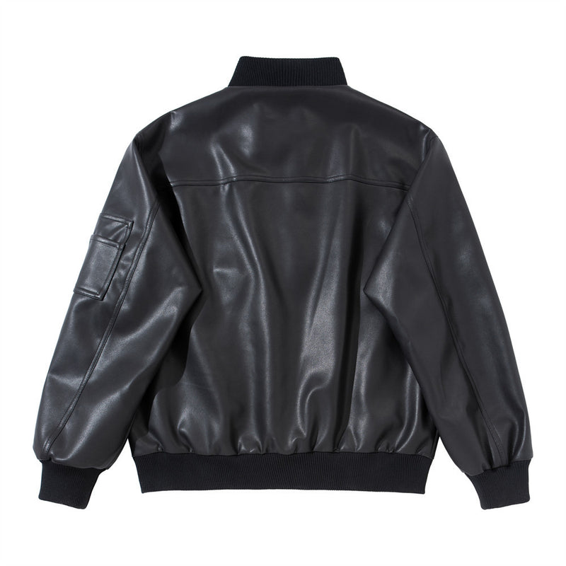 Men's Stand Collar PU Leather Bomber Jacket – Oversized Flight Jacket