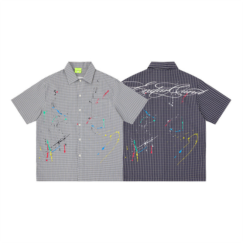 Paint Splash Embroidery Plaid Short Sleeve Shirt – Oversized Fit