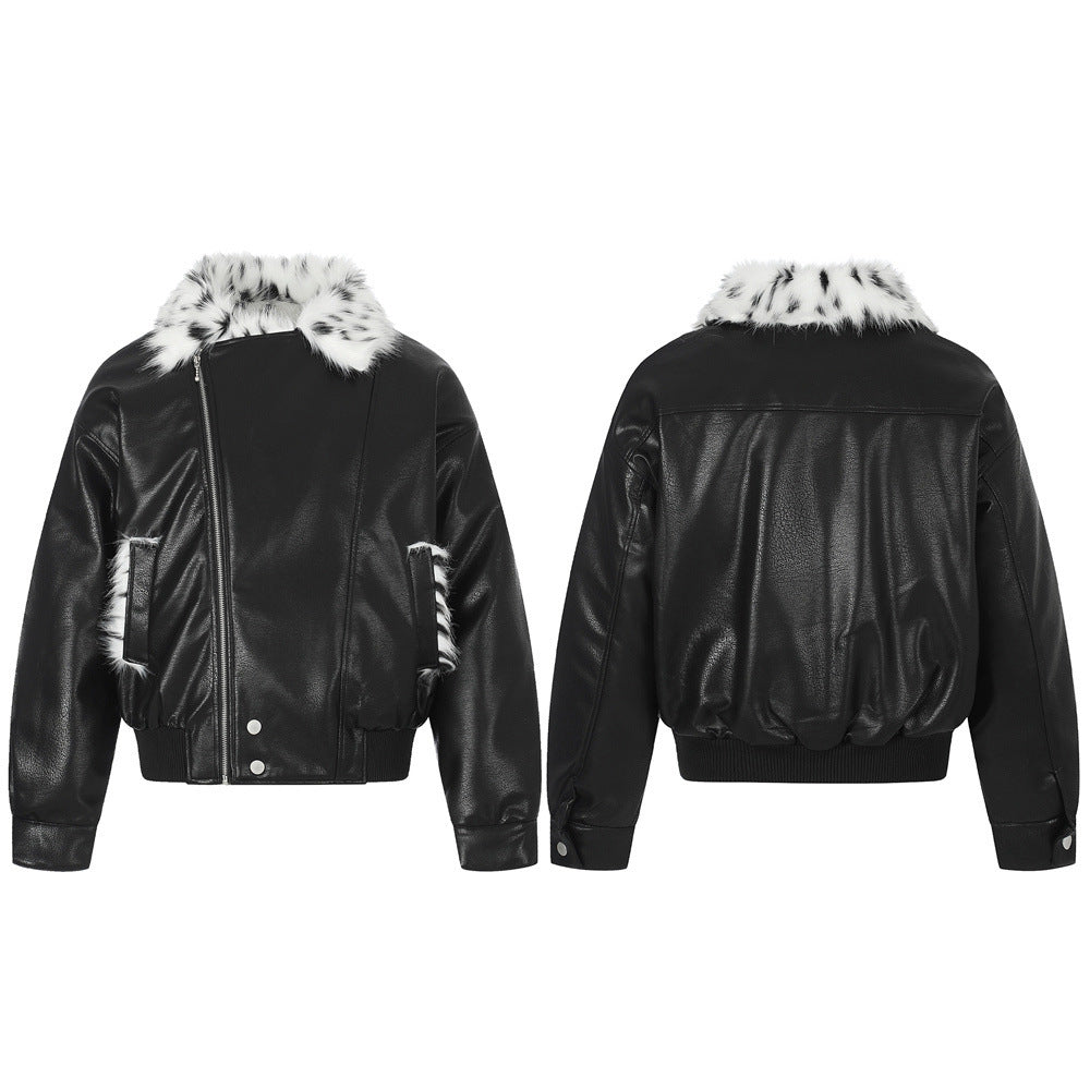 Men's Faux Leather Bomber Jacket with Diagonal Zip & Faux Fur Collar