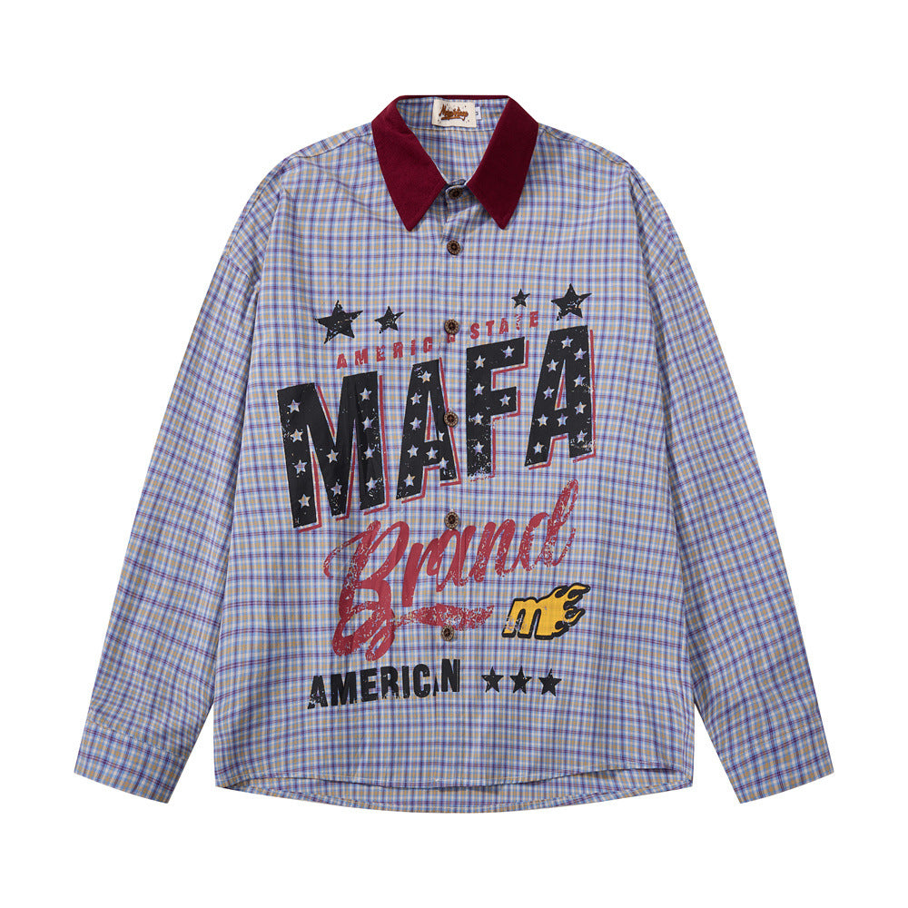 Oversized blue plaid long-sleeve shirt with MAFA Brand American varsity graphic print and burgundy contrast collar, front and
