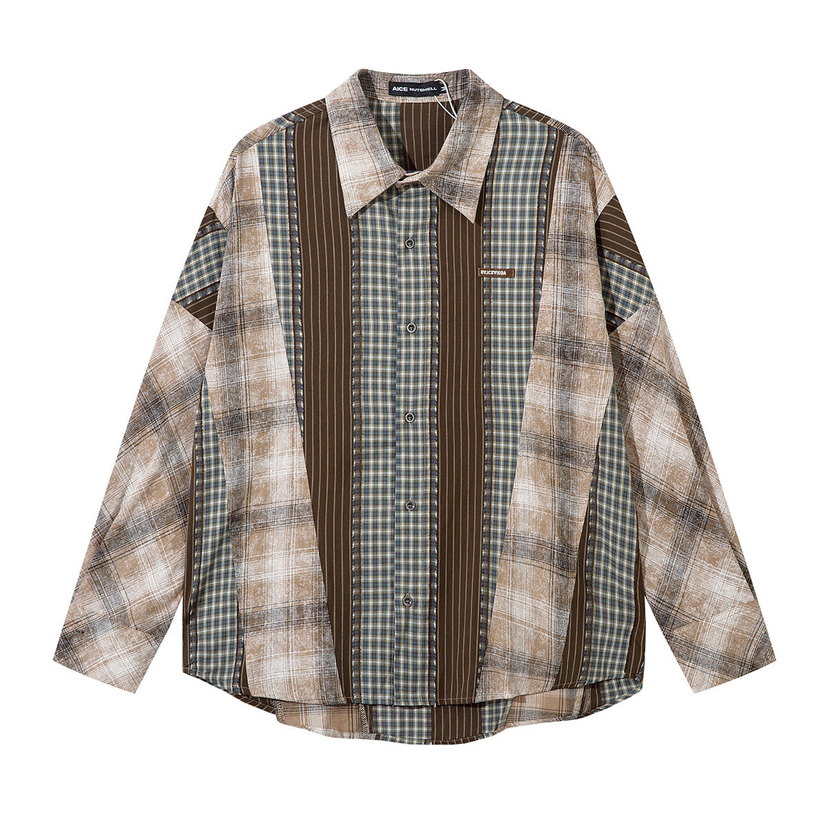 Surchemise patchwork mêlant carreaux et rayures verticales, marron et beige, vues de face et de dos