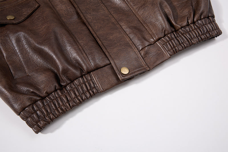 Oversized PU Leather Bomber Jacket – Vintage American Moto Style with Contrast