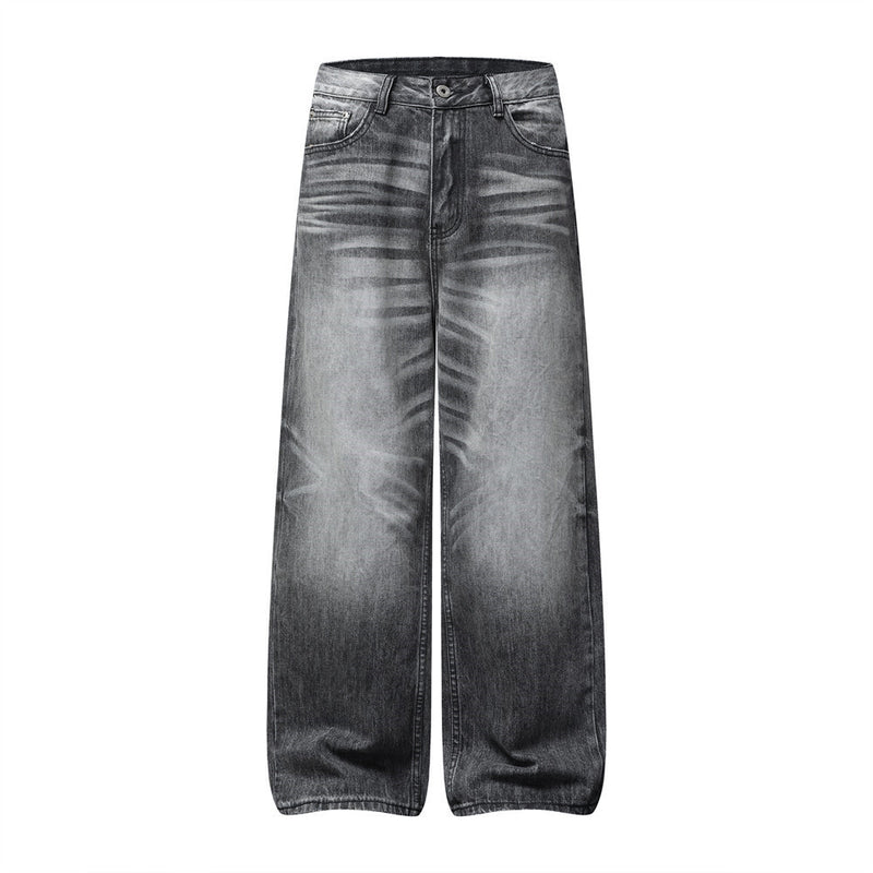 Wide-Leg Jeans Men's Washed Grey Vintage Distressed Baggy Denim Pants