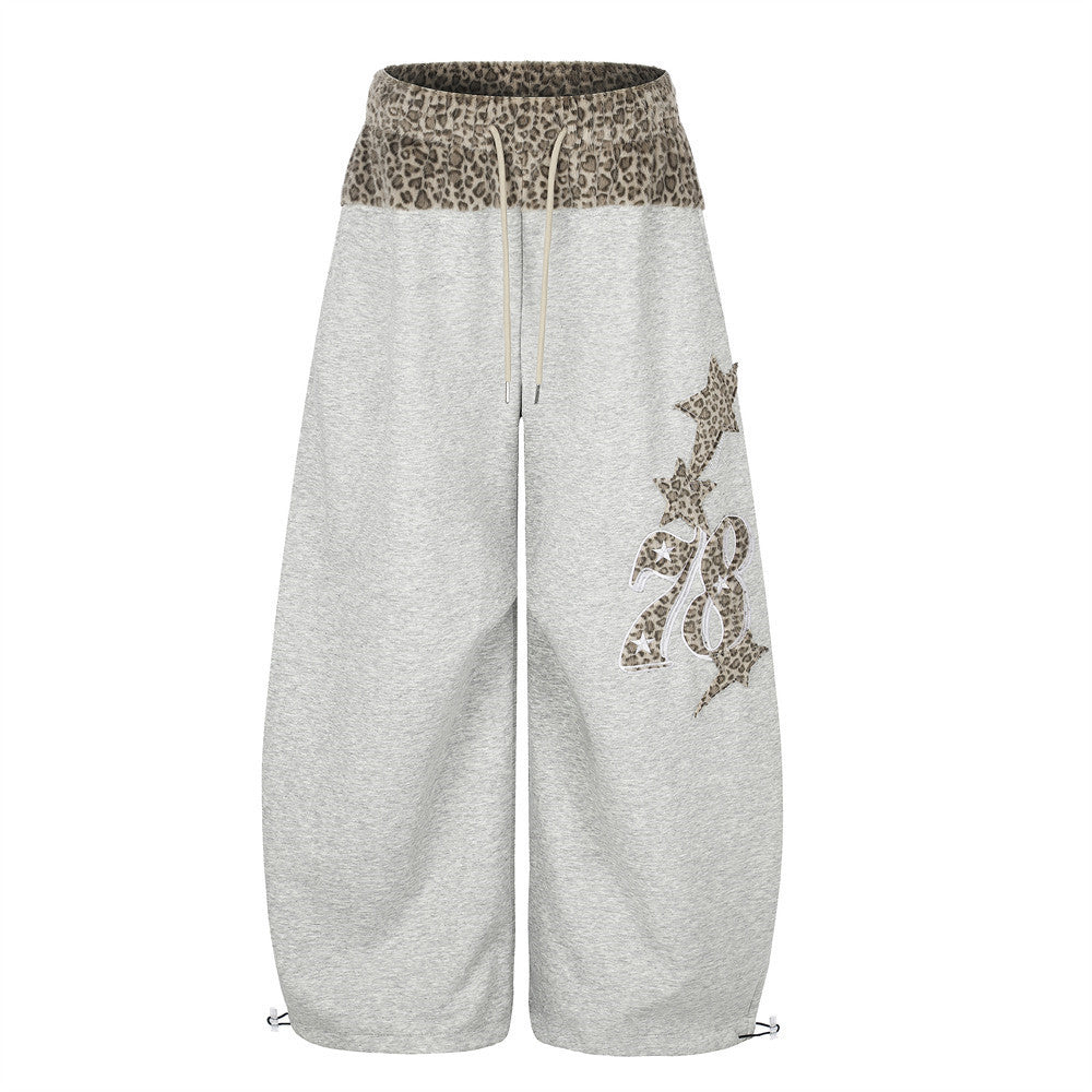 Wide-Leg Sweatpants with Leopard Print Waistband & Star Patch Embroidery