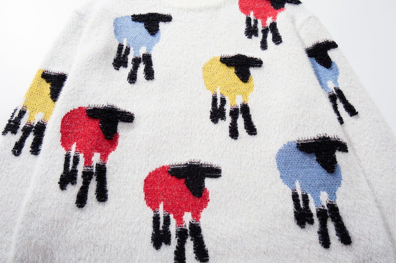 Colorful Sheep Jacquard Crew Neck Sweater – Relaxed Fit Knit