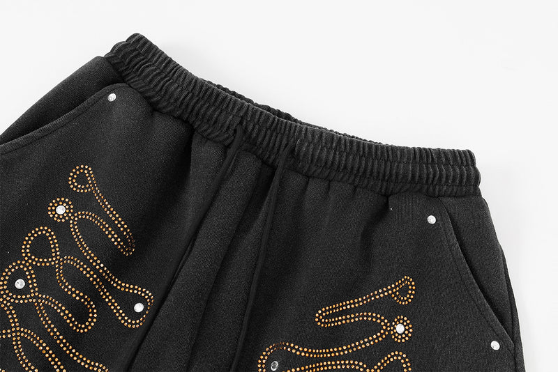 Wide-Leg Sweatpants with Rhinestone Flame Detail, Washed Vintage Finish