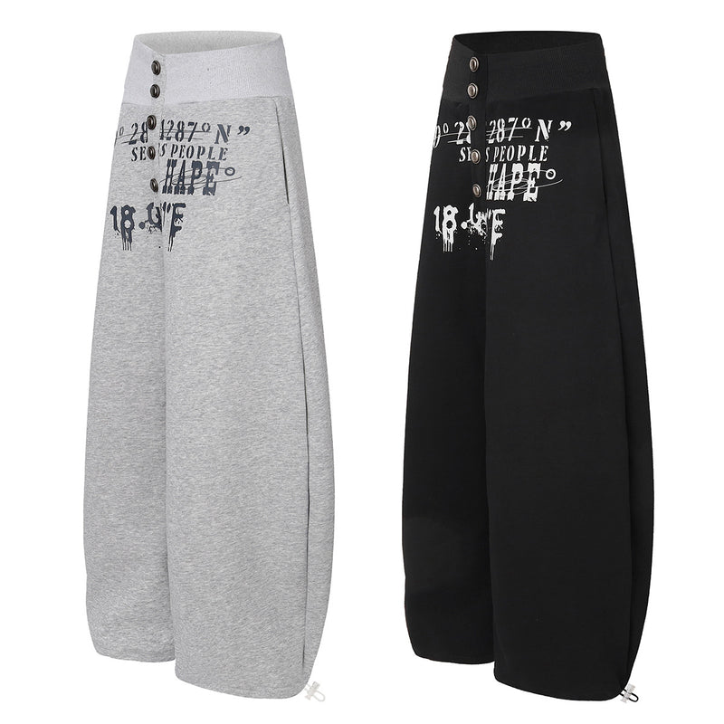Wide-Leg Sweatpants with Rivet Buttons and Graphic Print – Relaxed Fit