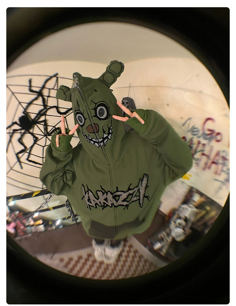 Springtrap-Inspired Hoodie - 400GSM Oversized Green Zip-Up Five Nights at Freddy&