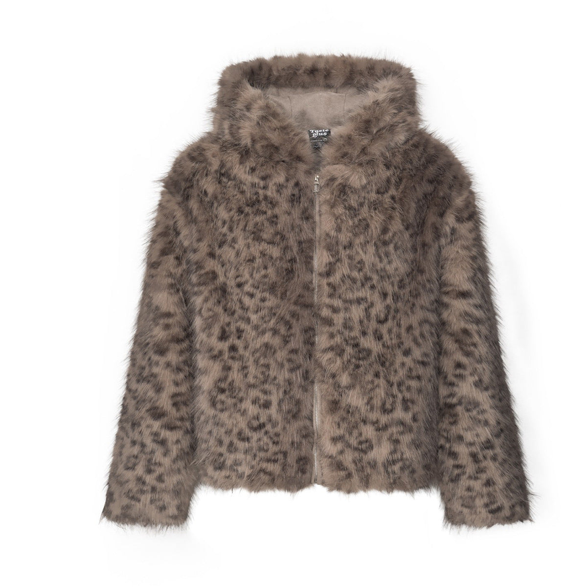 Leopard print faux fur hooded zip-up jacket in deep mocha, front view