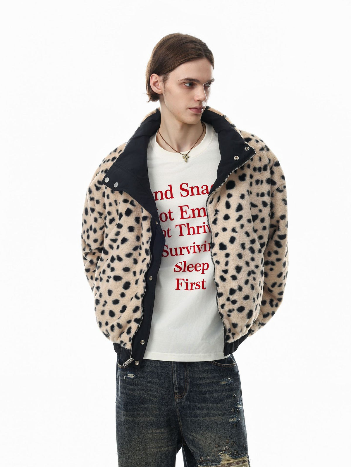 Reversible Dalmatian Faux Fur Bomber Jacket – Two-Way Wear Padded Coat