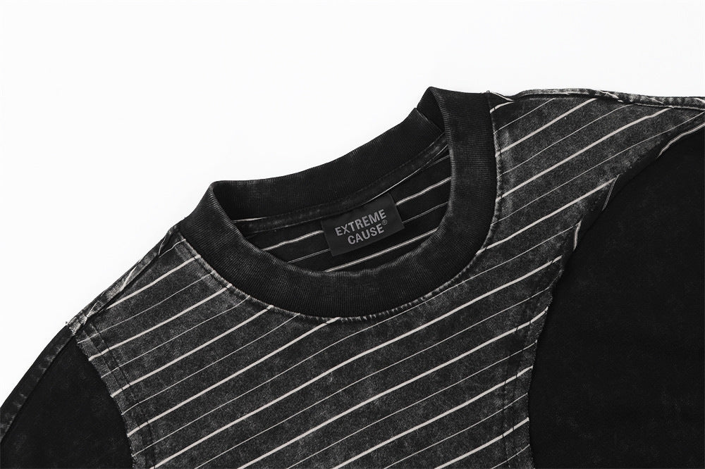 Irregular Patchwork Stripe Oversized T-Shirt | Vintage Acid Wash Retro Tee