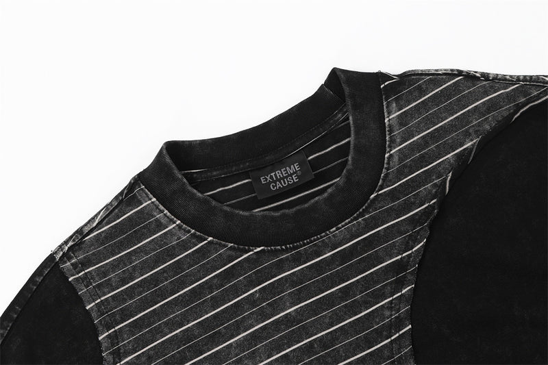 Irregular Patchwork Stripe Oversized T-Shirt | Vintage Acid Wash Retro Tee