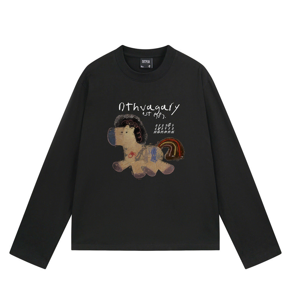 Long Sleeve Graphic Tee – Cartoon Horse Print, Relaxed Fit Crew Neck