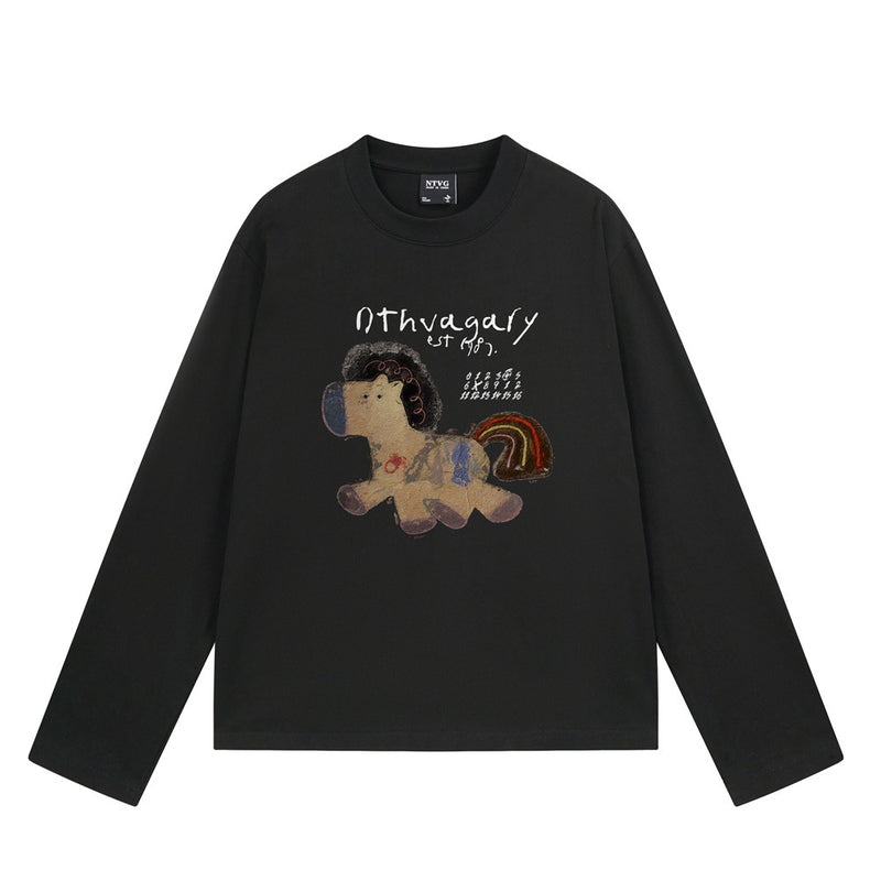 Long Sleeve Graphic Tee – Cartoon Horse Print, Relaxed Fit Crew Neck