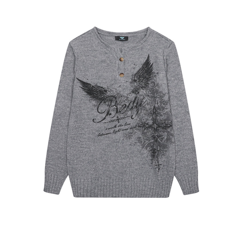 Eagle Cross Graphic Knit Sweater – Vintage American Henley Pullover