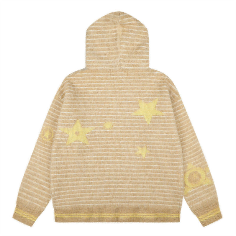 Striped Fur-Trim Zip-Up Knit Hoodie with Star & Circle Print