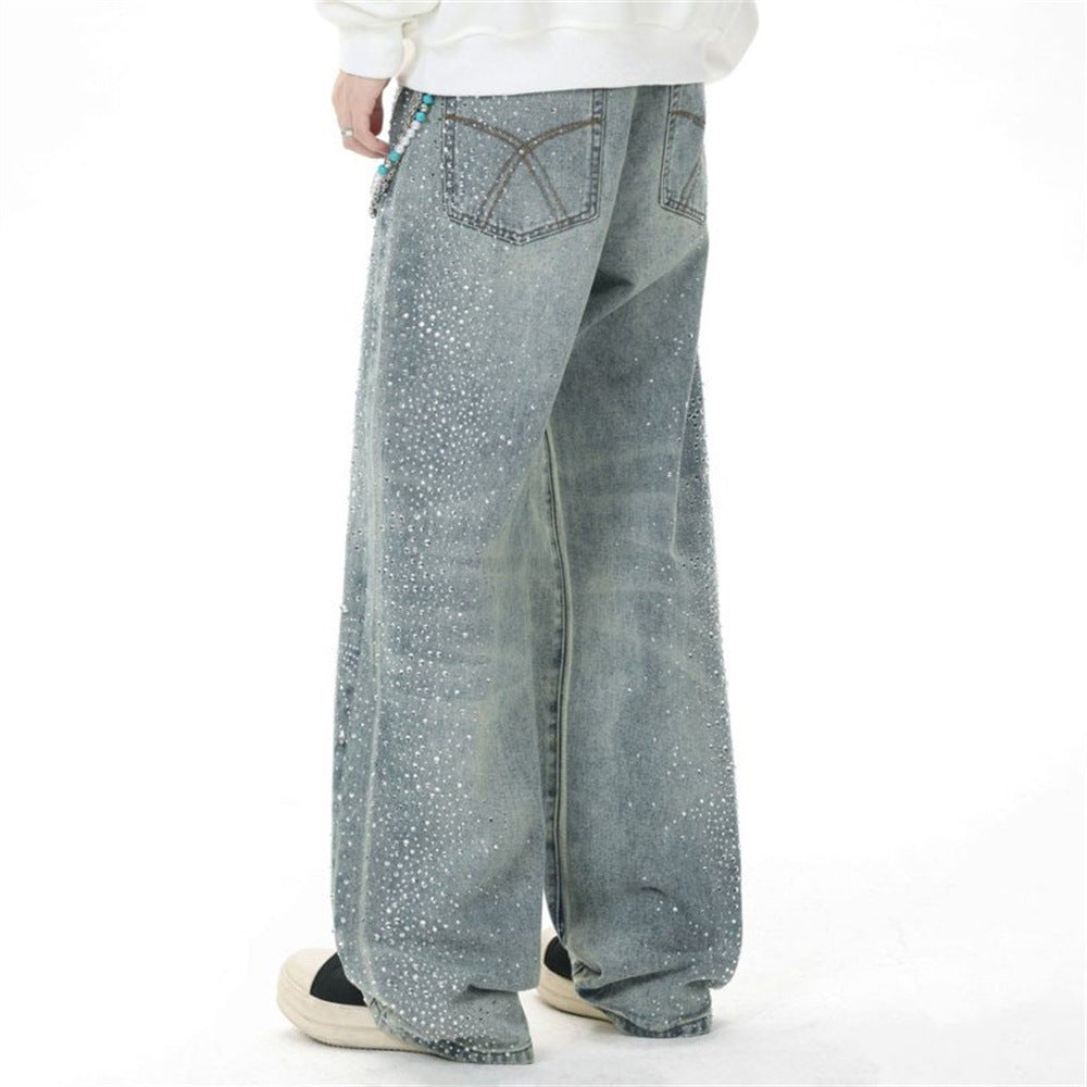 Men's Straight Leg Jeans with All-Over Rhinestone Embellishment – Wide Leg