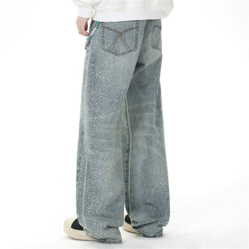 Men's Straight Leg Jeans with All-Over Rhinestone Embellishment – Wide Leg