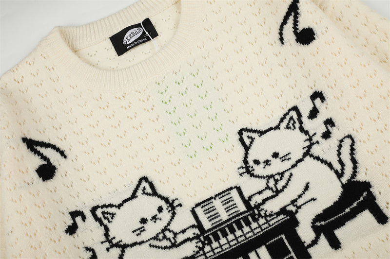 Pull homme en maille jacquard chat cartoon au piano – Pull à col rond et coupe décontractée