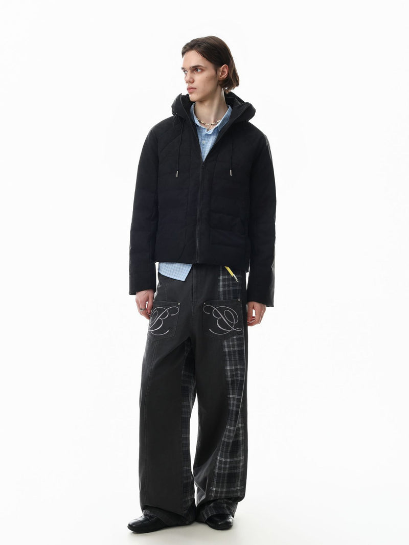 Hooded Quilted Puffer Jacket – Ribbed Panel Down Coat in Olive & Black