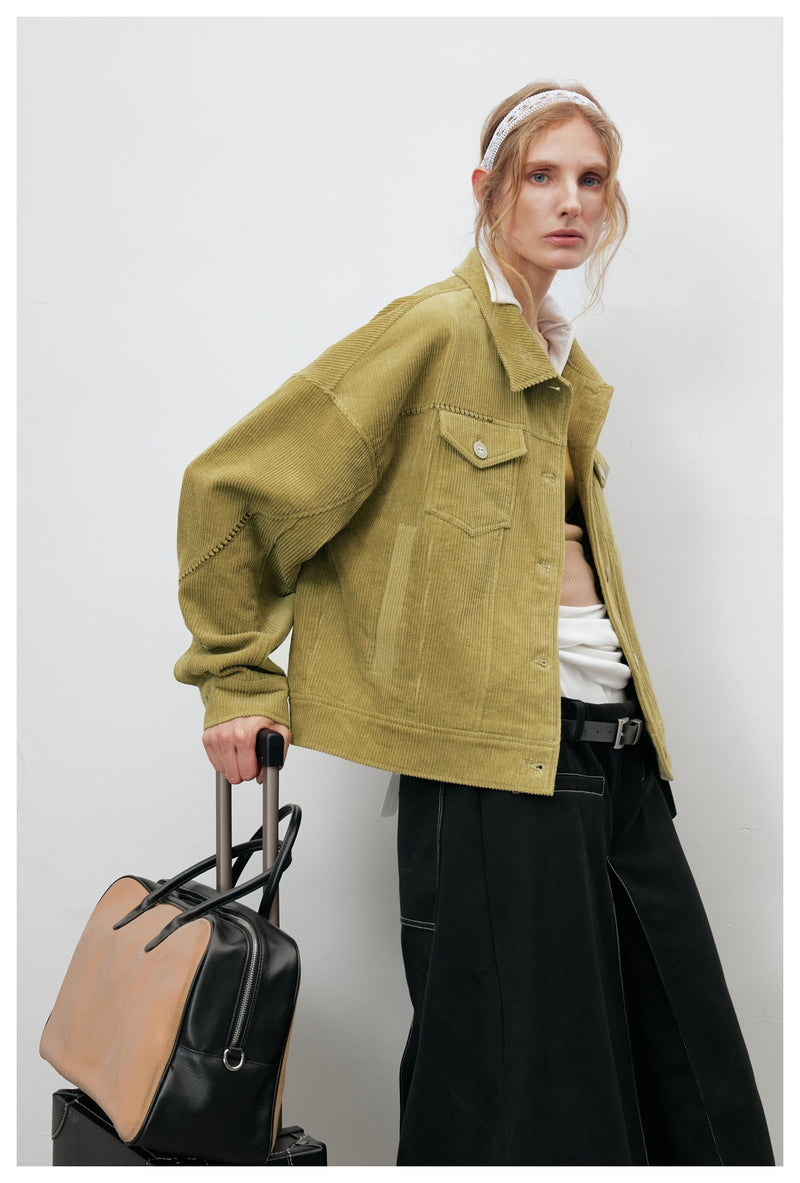 Corduroy Trucker Jacket — Oversized Fit, Floral-Lined, Olive Green