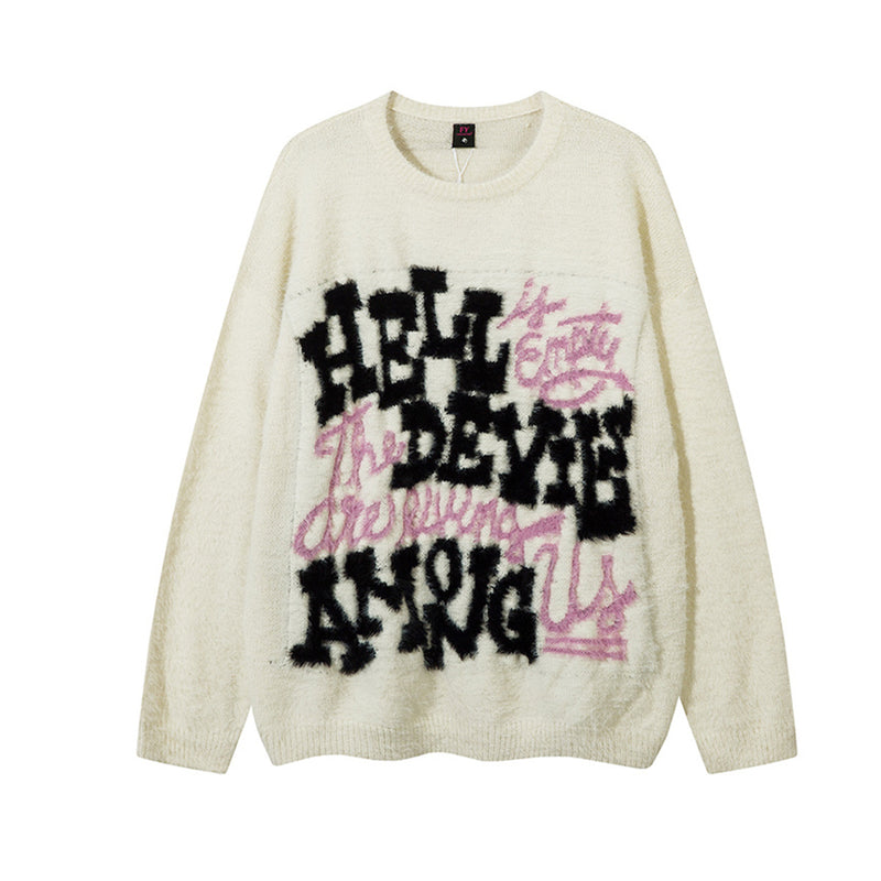 Pull oversize en maille jacquard à lettrage – Hell Is Empty, motif graffiti