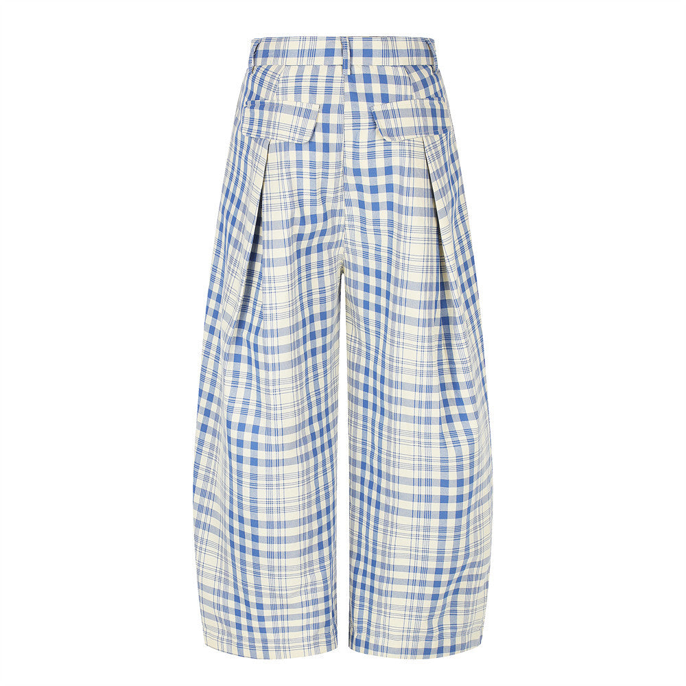 Wide-Leg Pleated Trousers in Blue Plaid Check