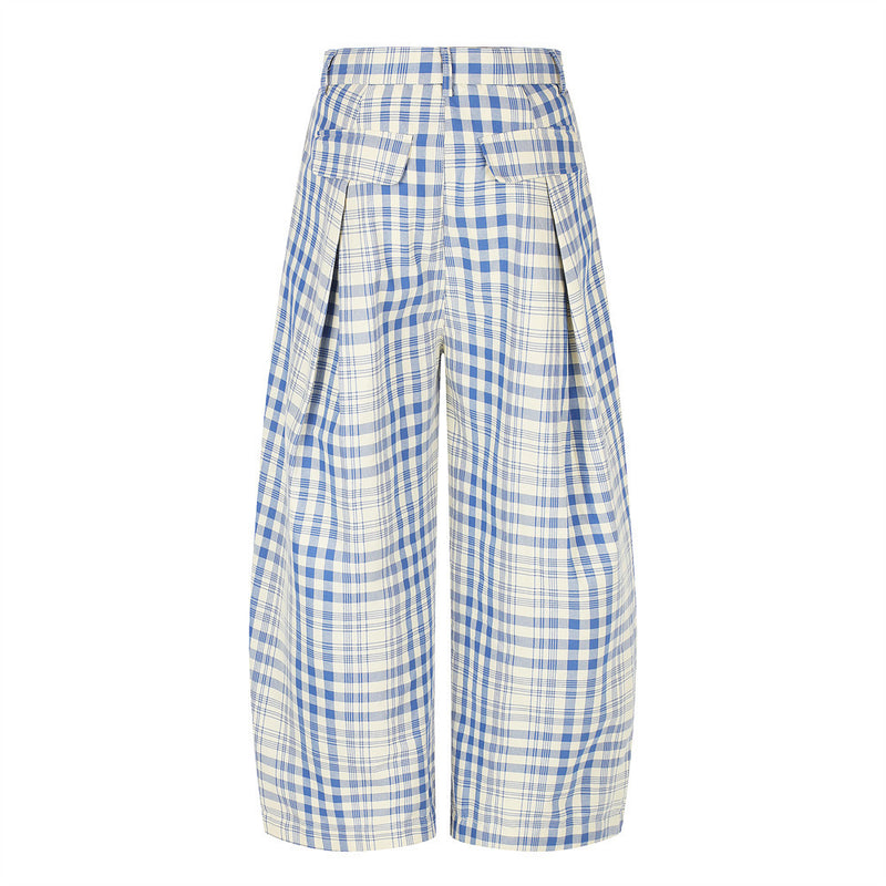 Wide-Leg Pleated Trousers in Blue Plaid Check