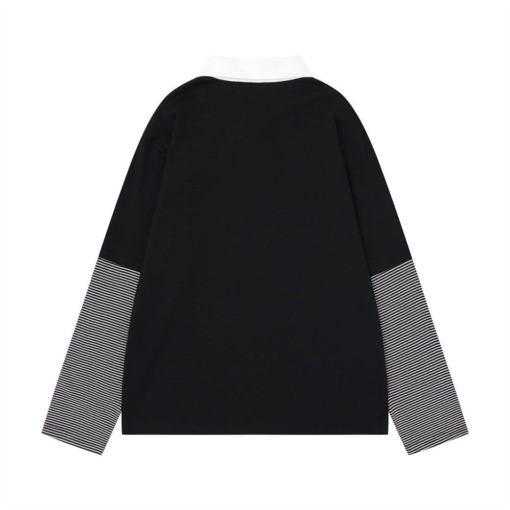 Black long sleeve polo shirt back view with white collar and striped sleeves