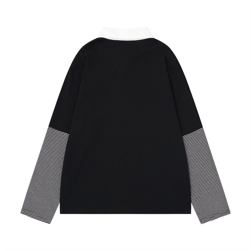 Black long sleeve polo shirt back view with white collar and striped sleeves
