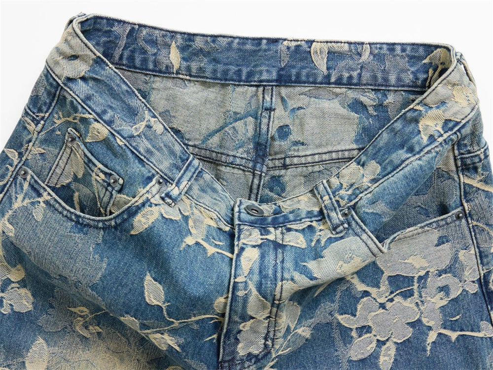Floral Jacquard Wide-Leg Jeans – Vintage Washed Baggy Denim with Raised Flower