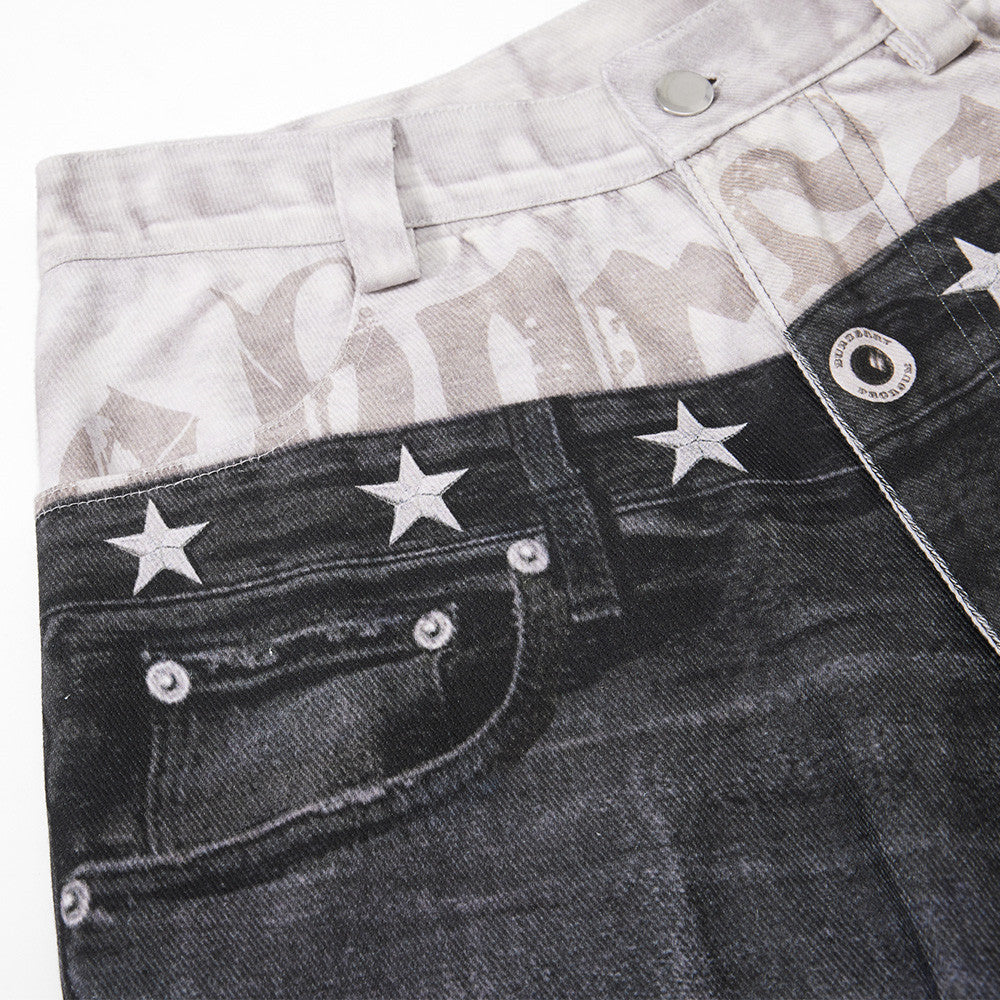 Wide-Leg Distressed Jeans with Faux Double Waistband & Star Detail